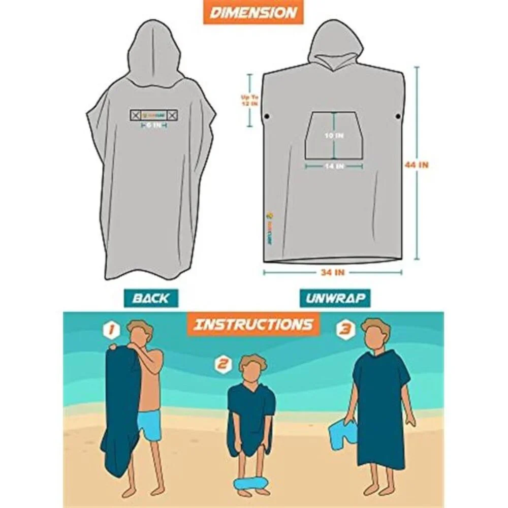 Surf Poncho Changing Robe Hooded Microfiber Quick Dry Towel Beach Swim Men Women